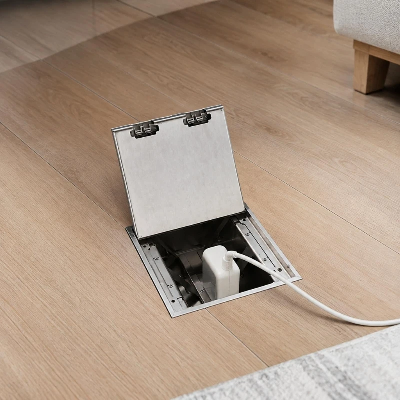 Recessed Floor Outlet Box with Hinged Metal Panel for Electrical Availability Beyond Wall Outlet Locations Indoors 87HA
