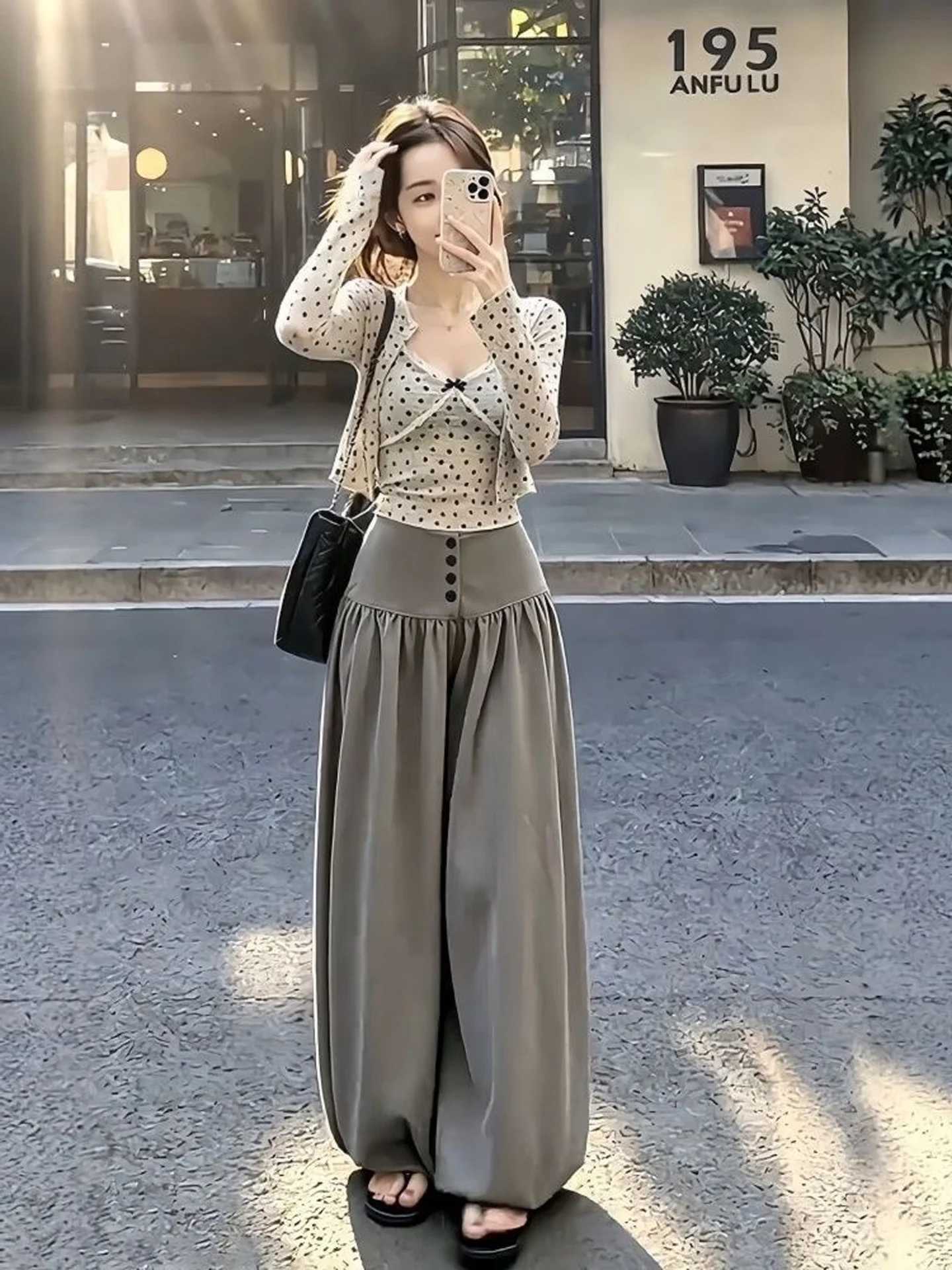 Fashionable Long Sleeve Lace Trim Wide Leg Pants Women's Set Casual High Waist Button Detail Pure Color Print Patchwork Cardigan