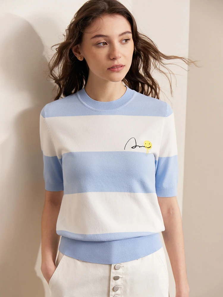 Amii Minimalism 2023 Summer T-shirt for Women New Striped short sleeve Smile Face Loose T-shirts Elegant Tees Tops 12321035