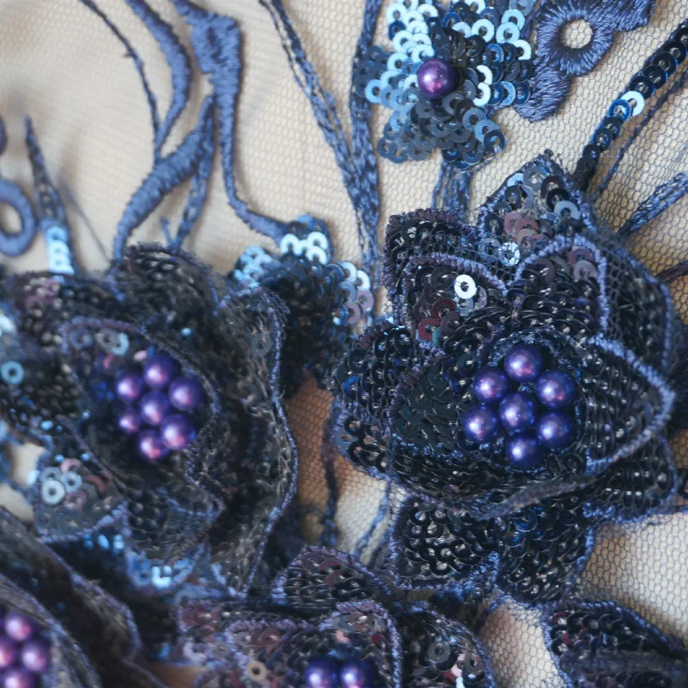 Blu Navy 3D fiore pizzo tessuto perline paillettes nappa ricamato abito da sposa Applique collare cucire Patch per la decorazione di nozze fai da te