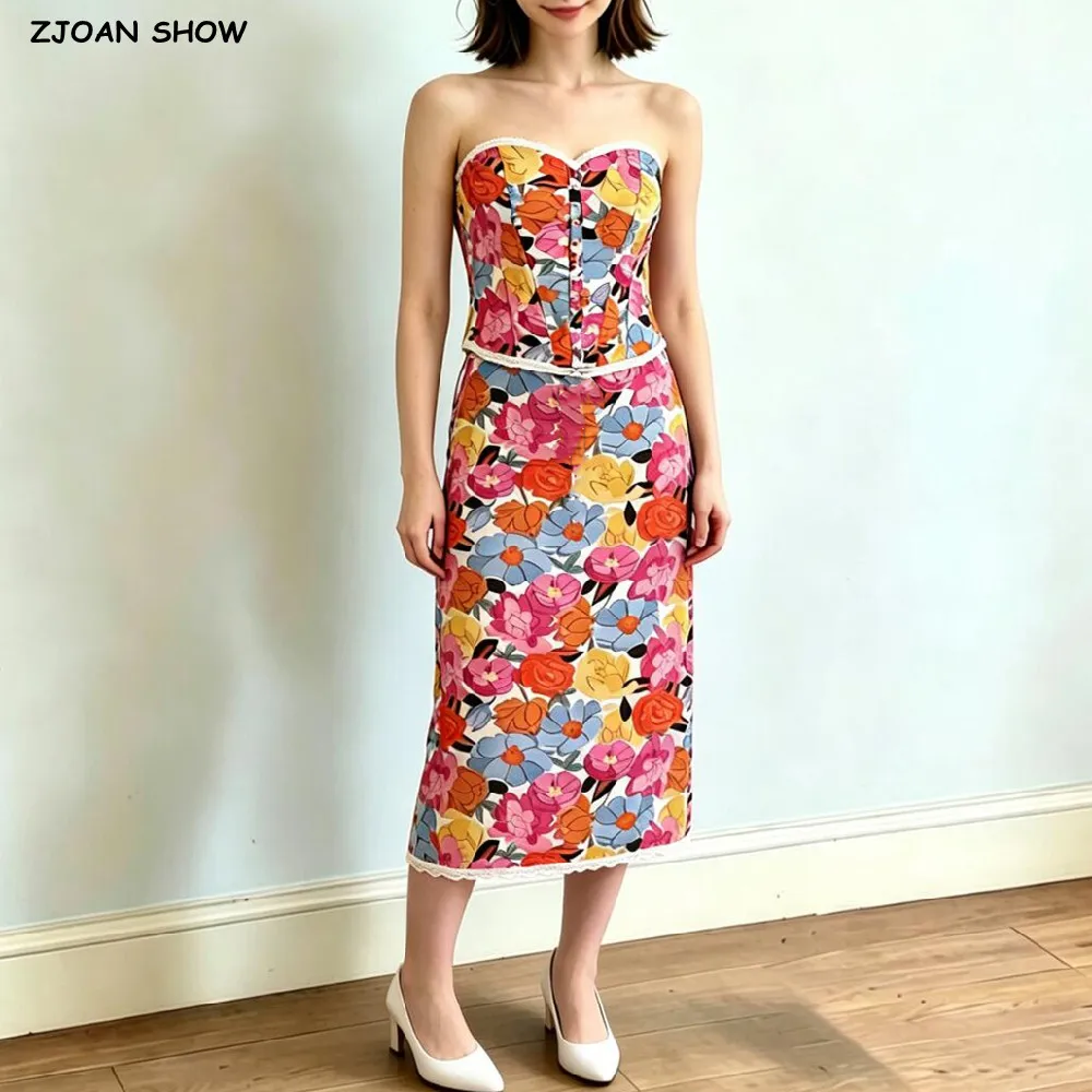 Summer Women Floral Cross Lacing Up Back Strapless Tank Top + Zip up Low Waist Hem Slit Midi Long Pencil Skirt 2 Pieces 1 Set
