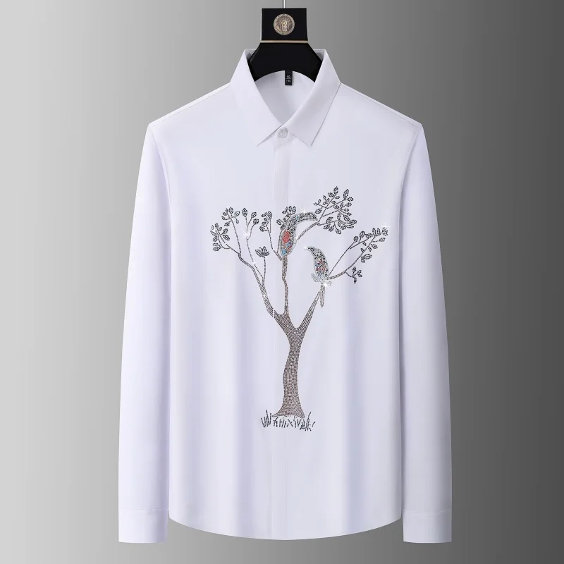 Chinese Style Luxury Shirts For Men Long Sleeve Hotfit Rhinestone Summer Quality Seamless Elastic Wrinkle-free Camisas De Hombre