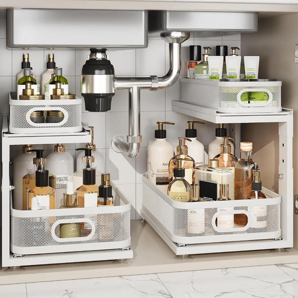 

Under Sink 2 Tier Adjustable Pull Out Storage Drawers Smooth Glide Rust Resistant Mesh Organizer for Kitchen Bathroom