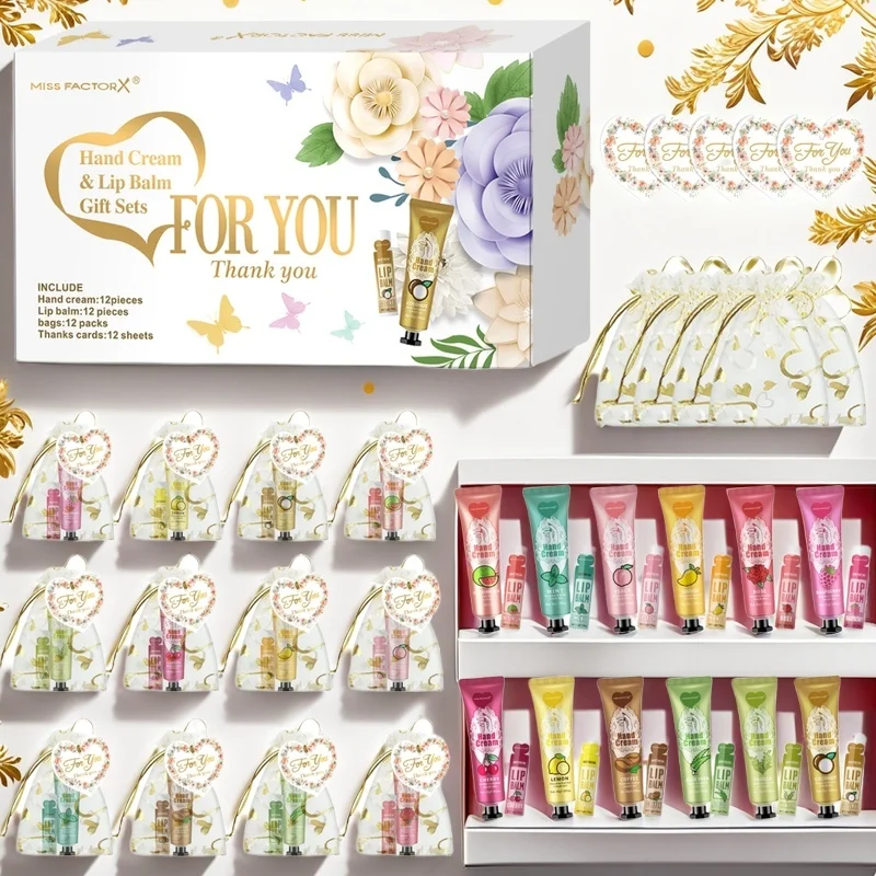 12 Coffrets/Boîtes de baumes à lèvres et crèmes pour les mains avec sac cadeau et carte de remerciement, assemblés, cadeaux de mariage pour invités, cadeaux d'entreprise
