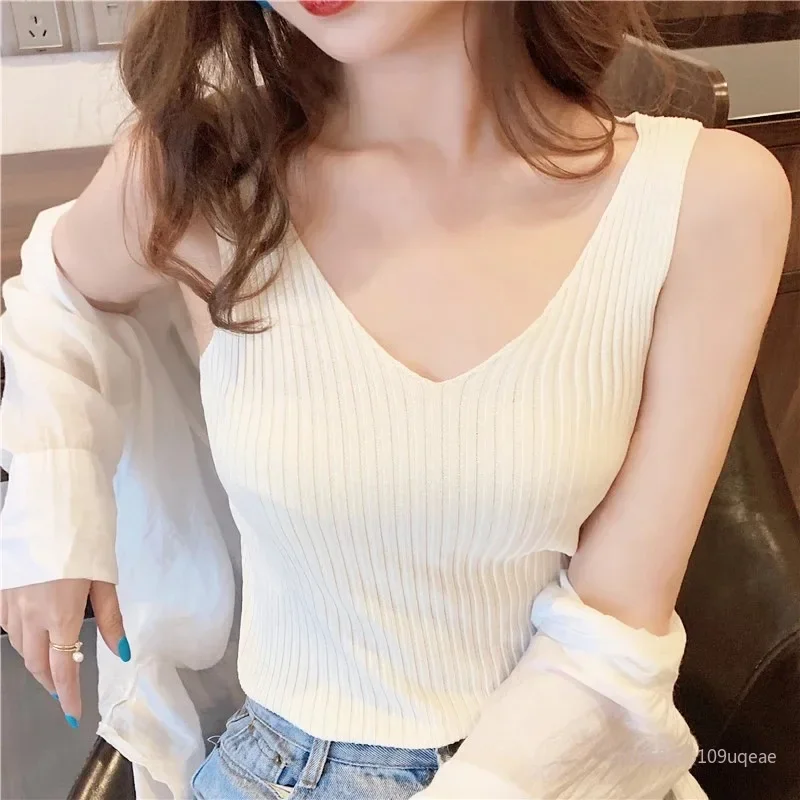 V-neck Knitted Ice Silk Sleeveless Top Thin Vest Camisoles Tanks Knit Sweater Women Spring Summer Slim Camisole Intimates