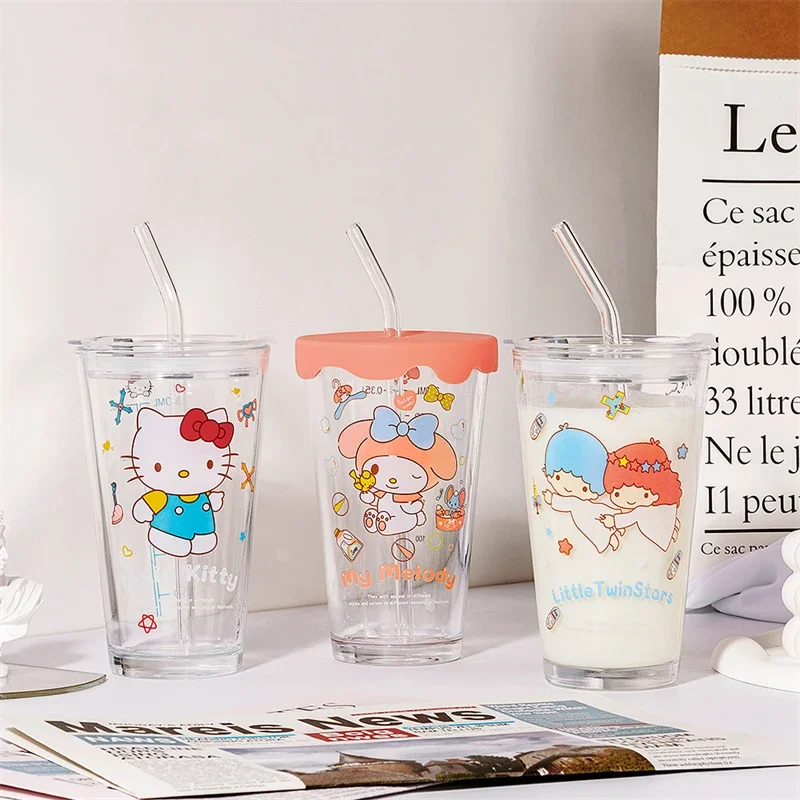 Sanrio Hello Kitty My Melody Cinnamoroll Kawaii Cartoon Glass Large-capacity Home Ice Water Cup Girl Heart Cold Drink Cup Gift