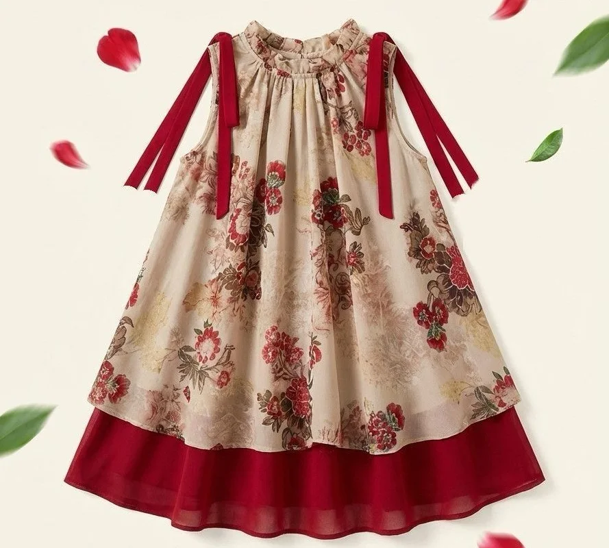 2026 retro summer Chinese kid baby party princess Girls Teenager floral slip dress splcing mesh 4 6 7 8 9 10 11 12 13 14 Years