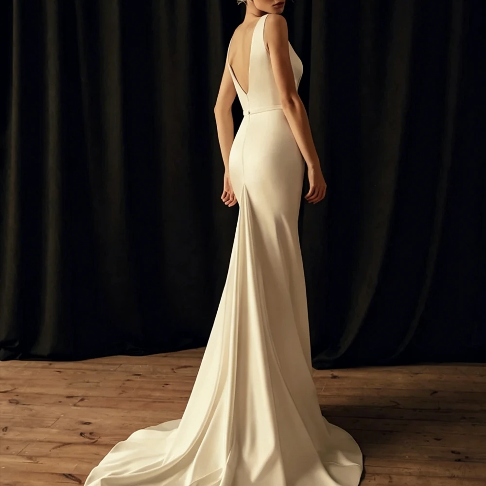 Customized Classy Mermaid Wedding Dress Deep V Sleeveless Detachable Pearl Bolero Smooth Satin Sweep Train Bridal Gown