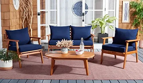 Natural Wood Frame Outdoor Patio Set With Blue Cushions, 4-Piece Sofa And Armchairs Ensemble