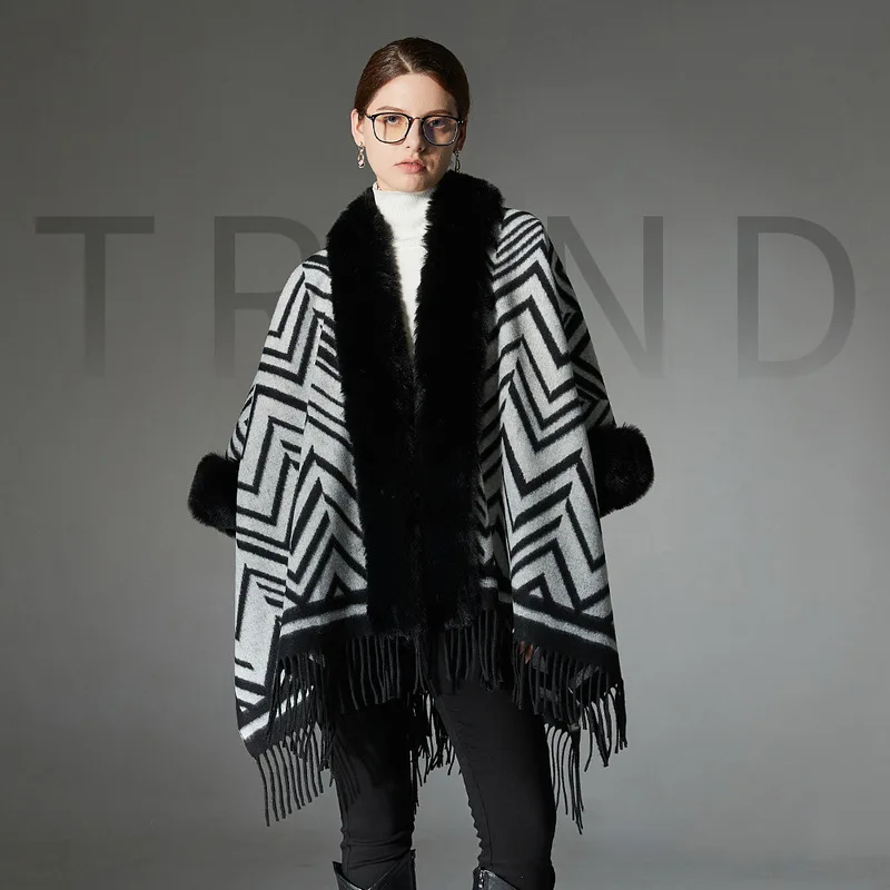 european-american-autumn-winter-women's-jacquard-black-and-gray-fur-trimmed-striped-fringed-shawl-coat