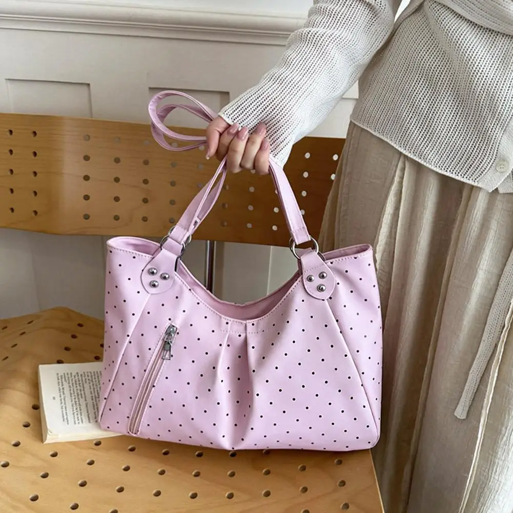 Women Shoulder Bag Vintage Polka Dot Commuter Tote Bag Large Capacity PU Leather Handbag Underarm For School Office Daily Use