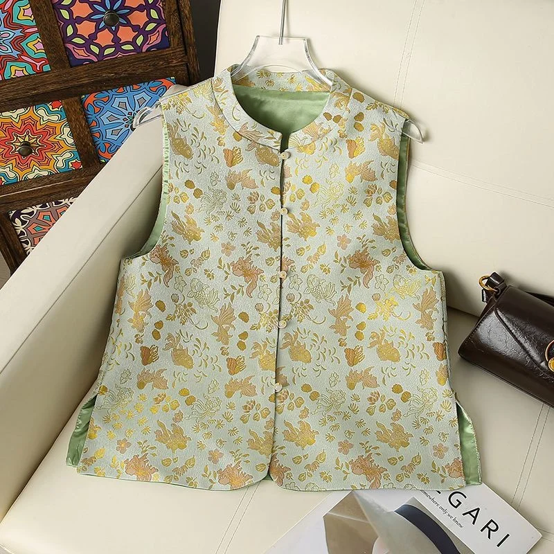 Chinese stijl vest jacquard vest dames lente herfst zijde mouwloos opstaande kraag enkele rij knopen vrouwelijke vestjas