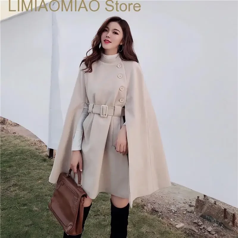 Autumn High Quality Woolen Cloth Shawl Cape Poncho With Belt Women Mid-length Korean Sleeveless Casual Ladies Cape Coats