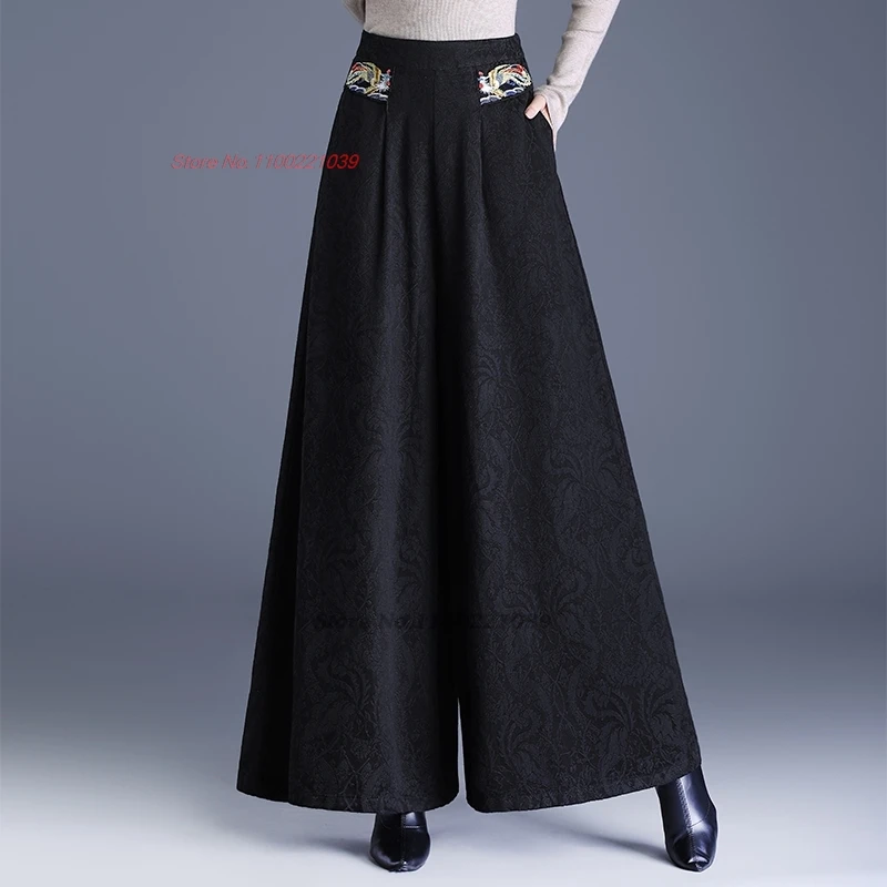 

2025 chinese vintage jacquard pants national flower embroidery ethnic elastic waist trousers traditional wide leg pantalones