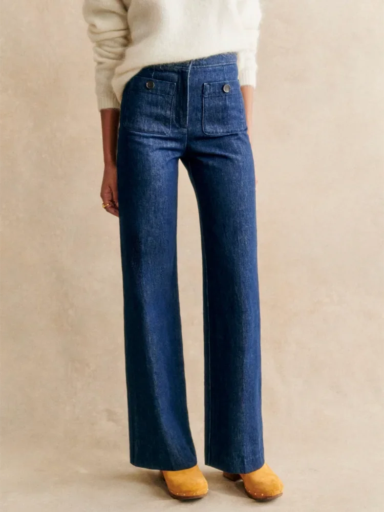 Jean à Jambes Larges pour Femme, Pantalon Long en Denim, Taille Haute, Poches Avant, Slim, Décontracté, à la Mode, Nouvelle Collection Automne 2023