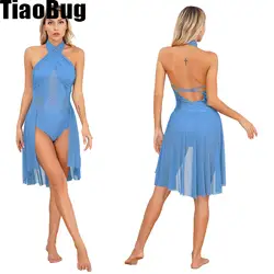Abito da donna in rete Patchwork body Costume da prestazione lirica Cross Front increspato strass lucidi abiti senza maniche senza schienale