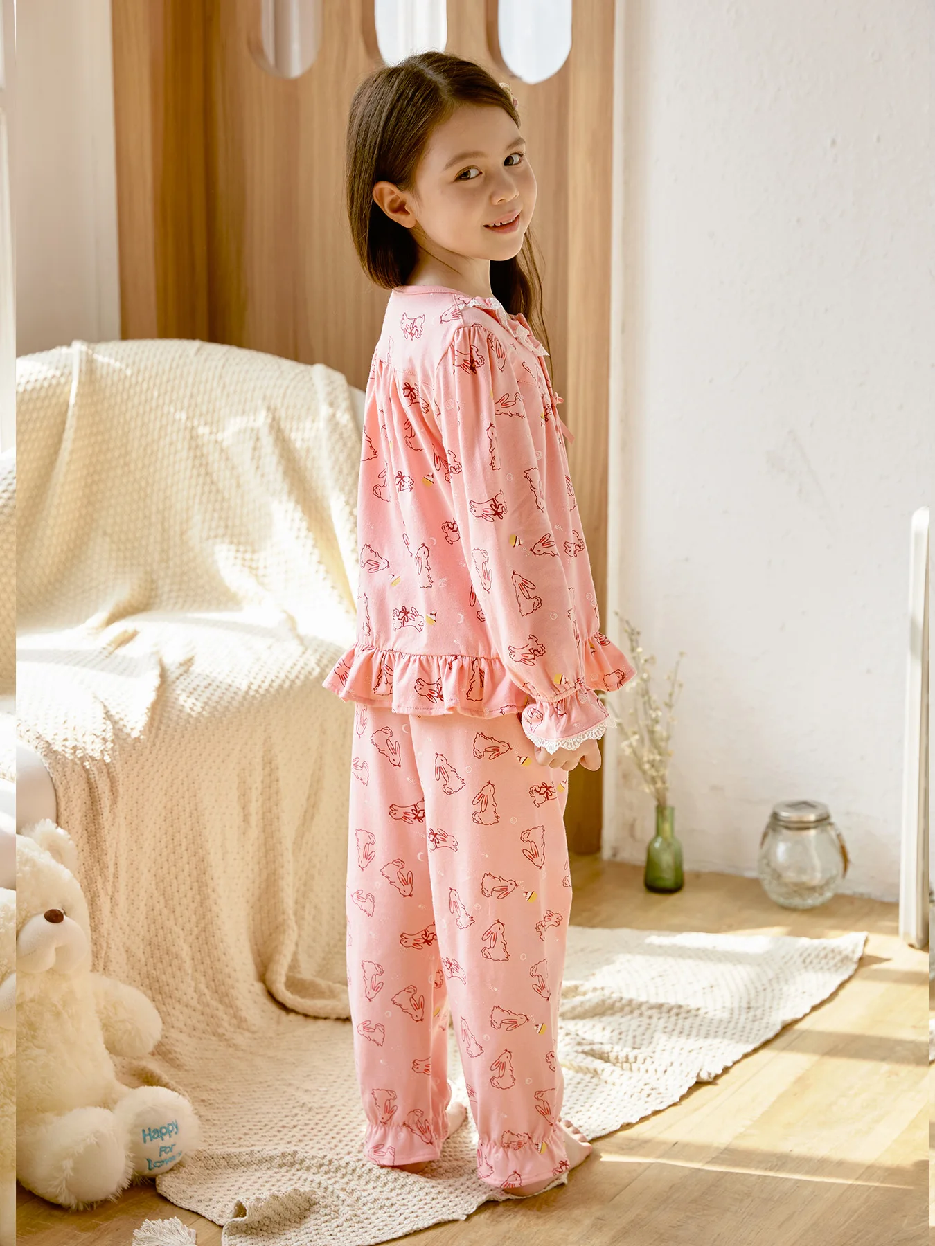 2pcs Kids Girls Cute Rabbit Shirt Long Sleeve Top + Trousers Comfortable Fashion Refreshing Bright Loungewear Set 6,692