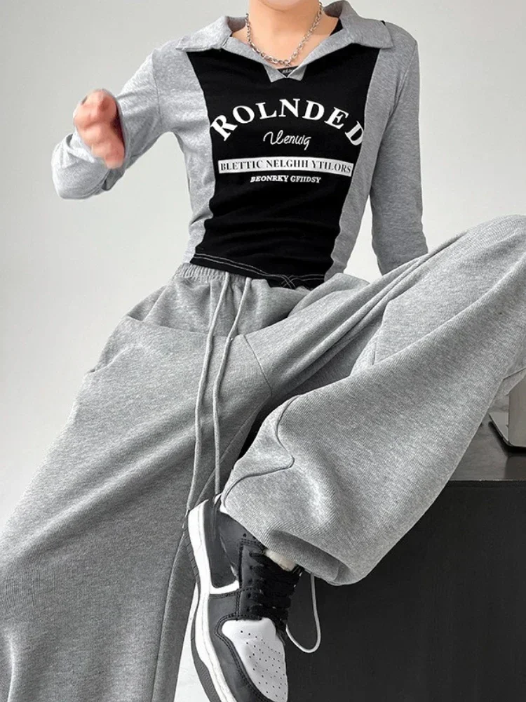 Pantaloni sportivi dritti a vita alta da donna Casual larghi elastici in vita con coulisse Autunno Inverno Pantaloni bianchi grigi Pantaloni sportivi da donna