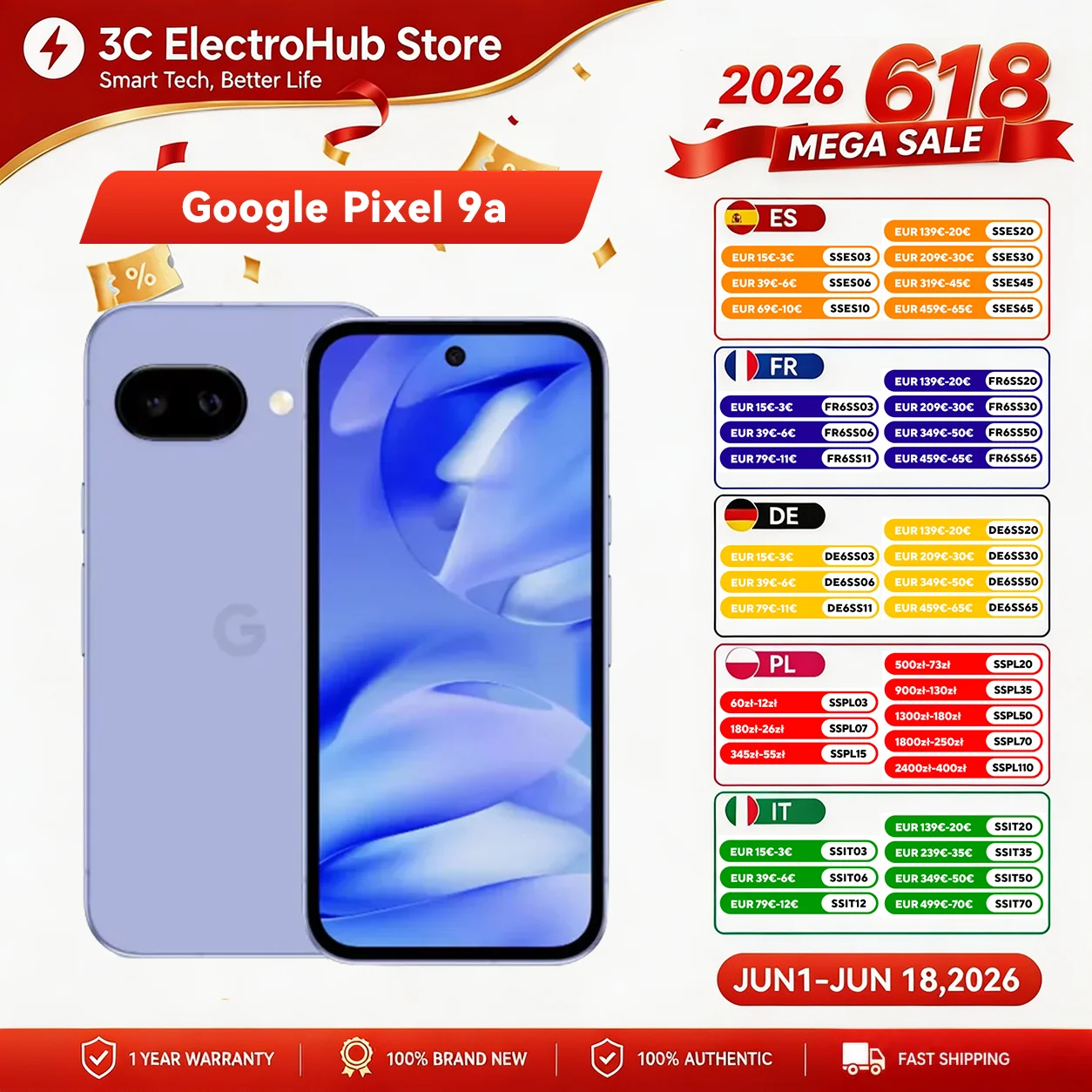 Nouveau Google pixel 9a, 6,3 pouces ,1080x2424, POLED, 120Hz 5100mah.  Google Tensor G4 Titan m2, 8G RAM ,128 / 256g smartphone