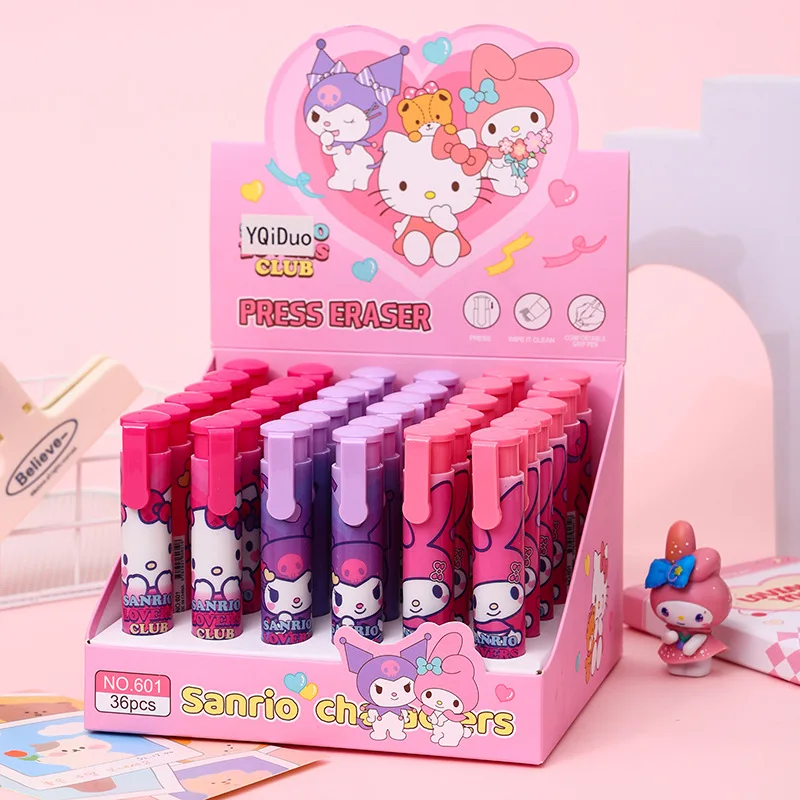 24pcs/lot Sanrio Kitty Kuromi Melody Press Eraser Cute Writing Drawing Pencil Erasers Stationery Gifts School Supplies