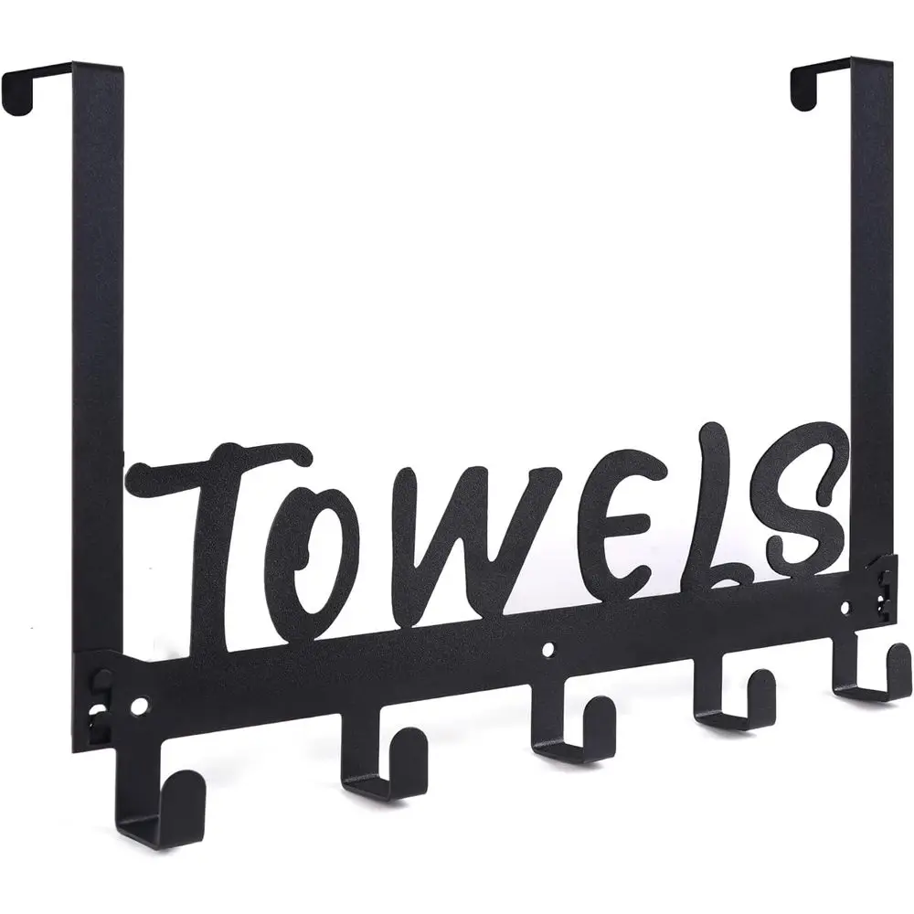 

Door Mounted Towel Rack with 5 Hooks, Ideal for Bathroom or Bedroom, Holds Towels and Coats, Black