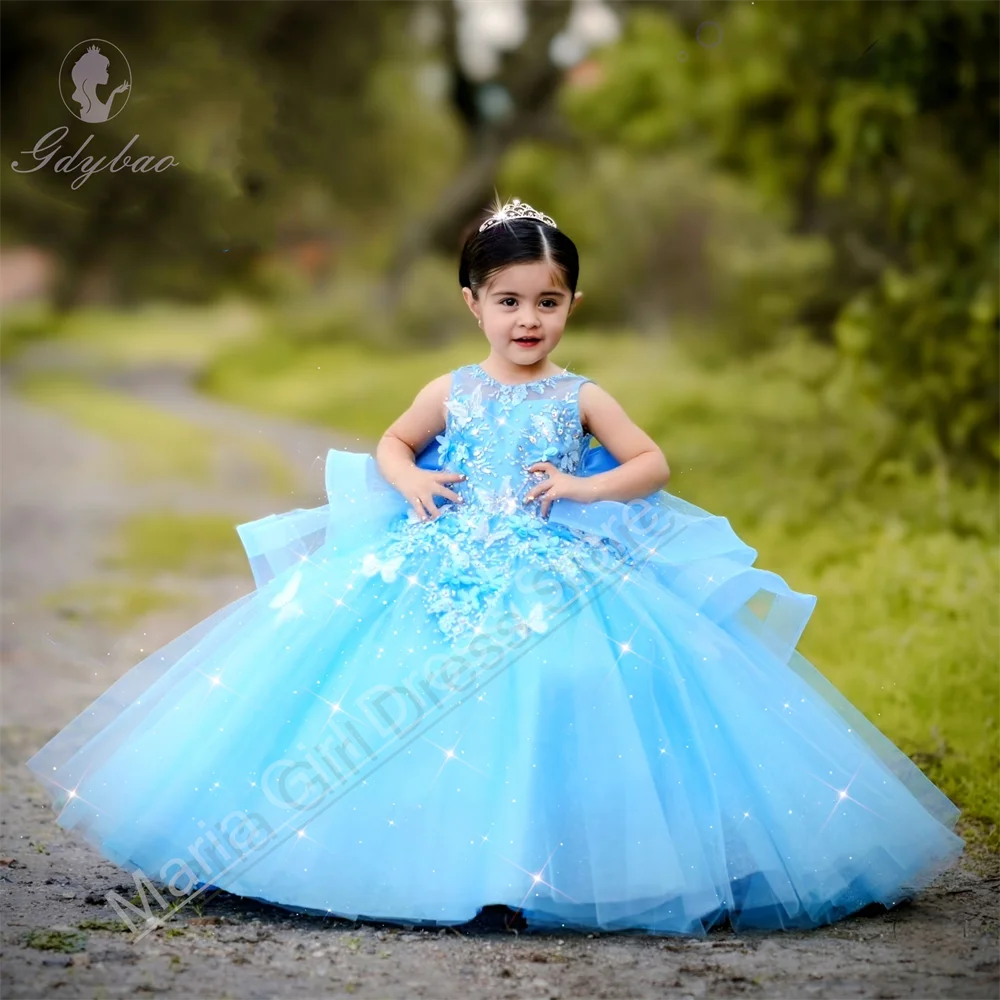 Jasnoniebieska sukienka dla dziewczynki do sypania kwiatów, falbanki, bez rękawów, puszysta siateczka, na urodziny, wesele, dla druhny, na przyjęcie dla dziewczynek.