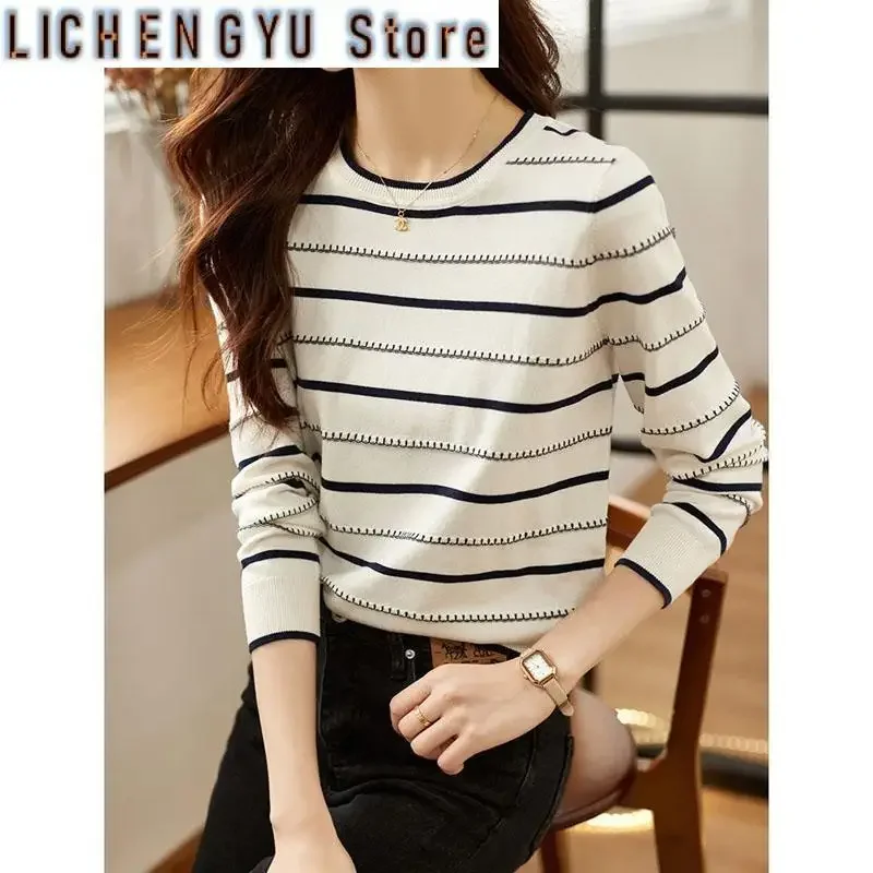 

Осенний модный корейский полосатый повседневный свободный универсальный тонкий и модный вязаный женский свитер с длинными рукавами