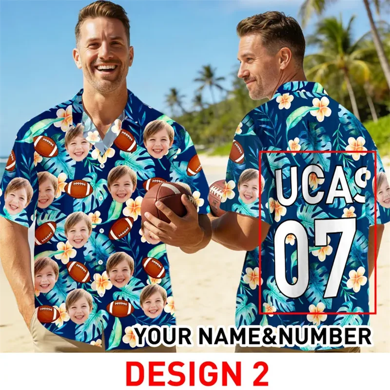 

Freee Custom Photo Hawaiian Men's Shirts Custom Face Team Name Number Print Summer Beach Casual Aloha Shirt Clothes