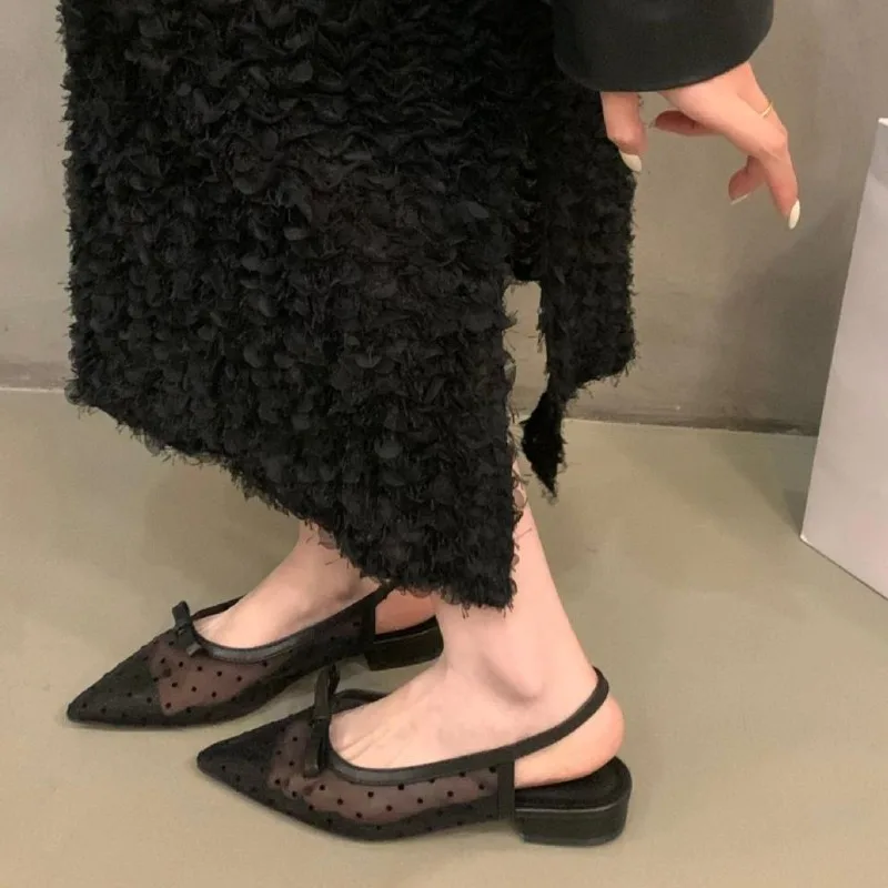 Low Heel Bow Baotou Sandals New Summer Mesh Breathable Polka Dot Single Shoes Pointed Toe Outside Wear Sandales Women\'s Shoes