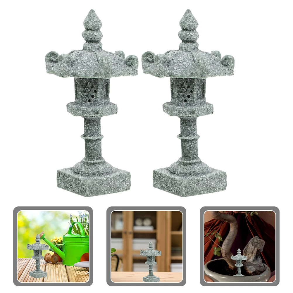 

2pcs Mini Statues Garden Courtyard Decoration Stone Lantern Bonsai Miniature Zen Ornaments Six Sided Square Hole Design