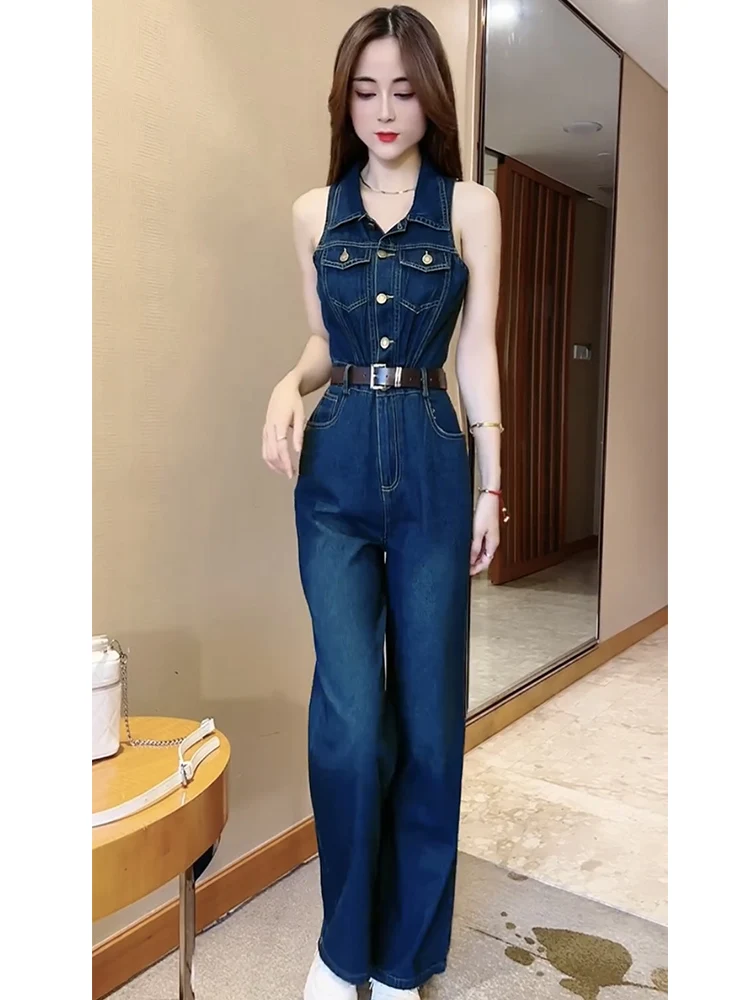 

Hong Kong Sle Retro Denim Svel One-Piece Women's Summer 2025 New Design Slimming Waist High Waist Long Pants