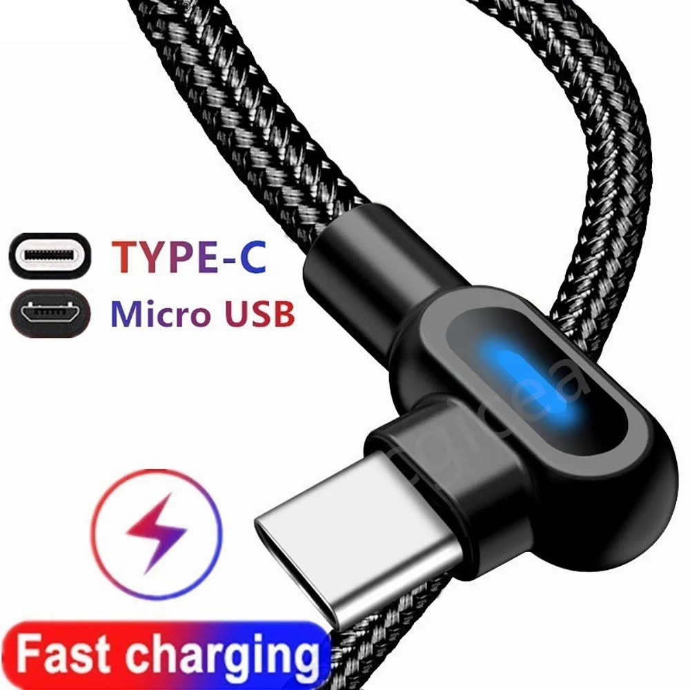 Type C Cable Micro USB Cables 90 Degree Elbow Data Cord with LED QC 3.0 for Xiaomi 12 Pro iphone Huawei Fast Charging USB C Wire