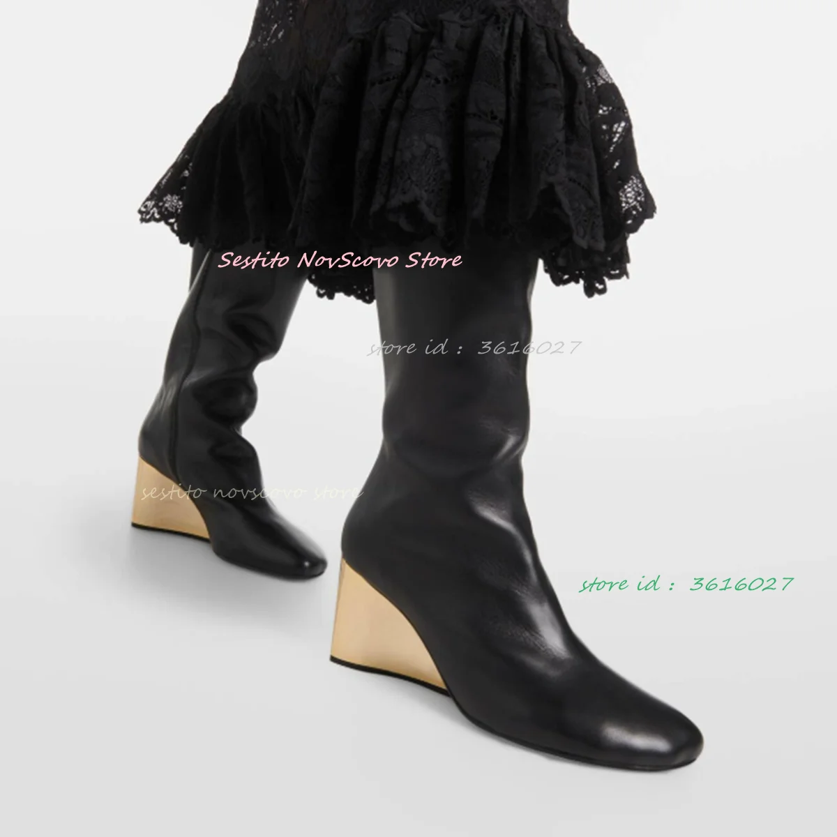 

Round Toe Wedges Knee High Boots Mixed Color Sewing Side Zip Fashion Women Classic Daily Party Casual Long Booties All Seasons