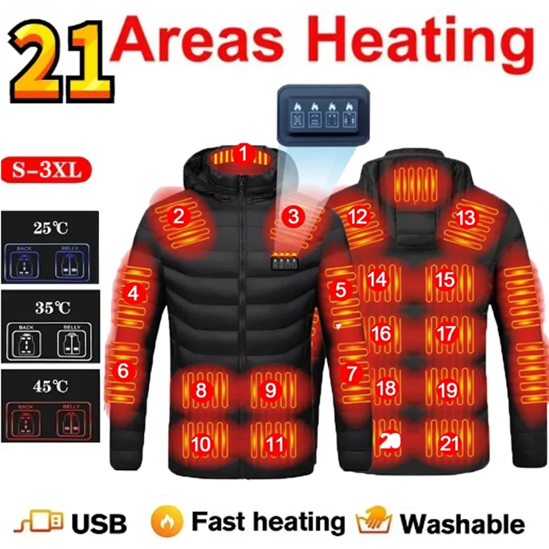 

21 Zone Heated Cotton Jacket Men's Jacket Heated Jacket Warm Snow Hunting Hiking Camping Winter S-3XL