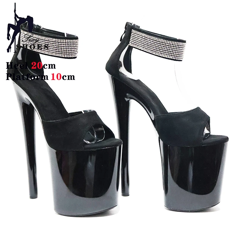 20cm/8inchs High-heeled Sandals Women\'s Summer Strap Thin Heel Black Sandals Stripper Pole Dance Dress Models Nightclub Shoes