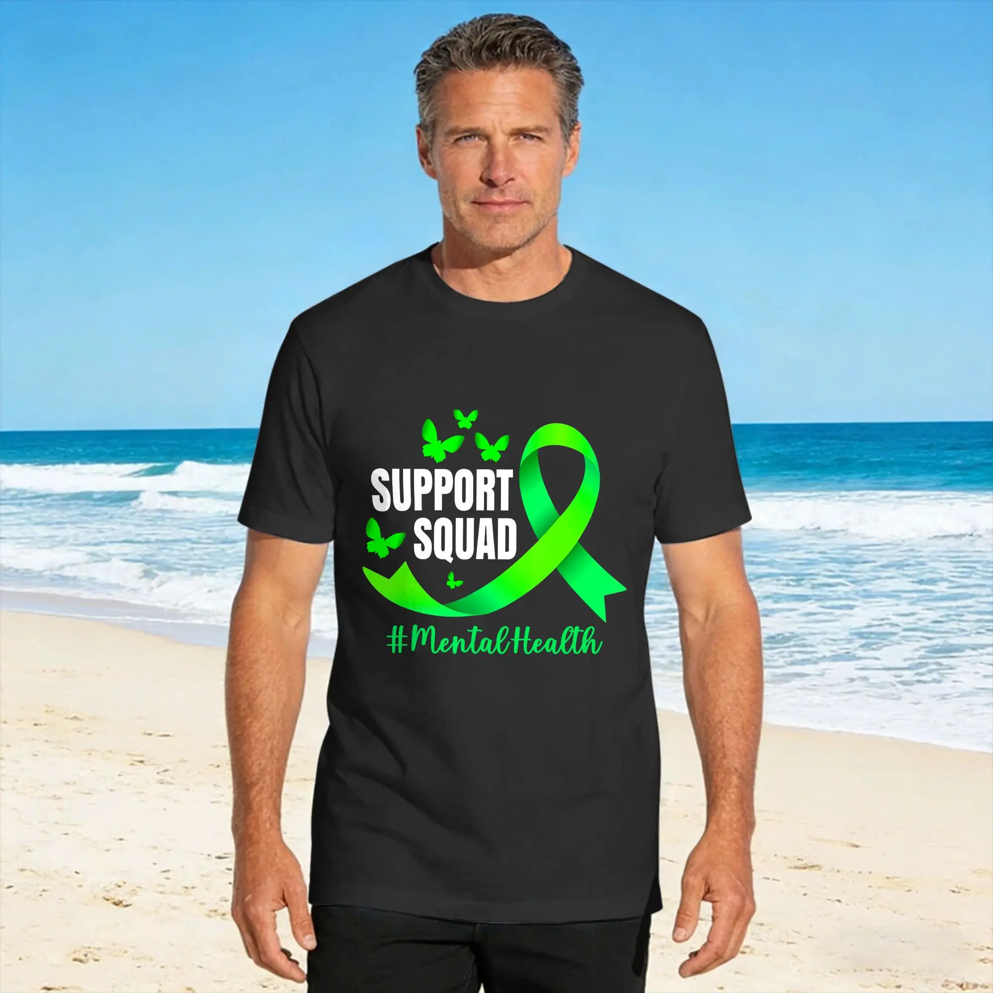 T-shirts pour hommes avec ruban vert pour la sensibilisation à la santé mentale, 100% coton, hauts d'été vintage à manches courtes, col rond