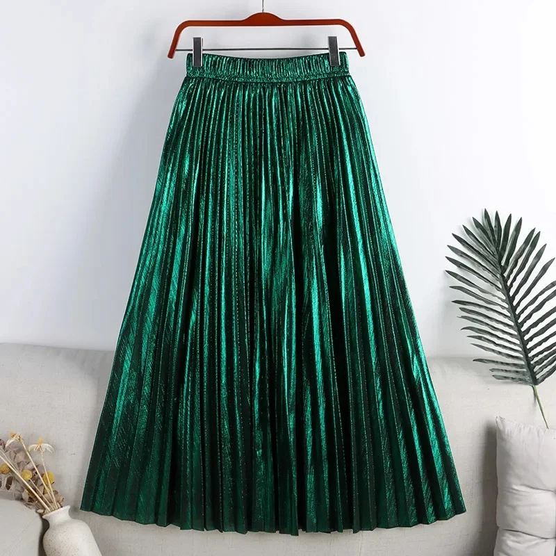 

Плиссированная юбка макси с завышенной талией в стиле Харадзюку, длинная золотистая юбка с широким подолом для женщин, размер XXL