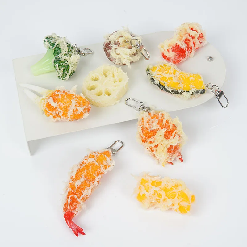 Simulated Food Keychain Creative Fried Vegetables Broccoli Tempura Shrimp Seafood Model Bag Pendant Gift Ornaments Jewelry