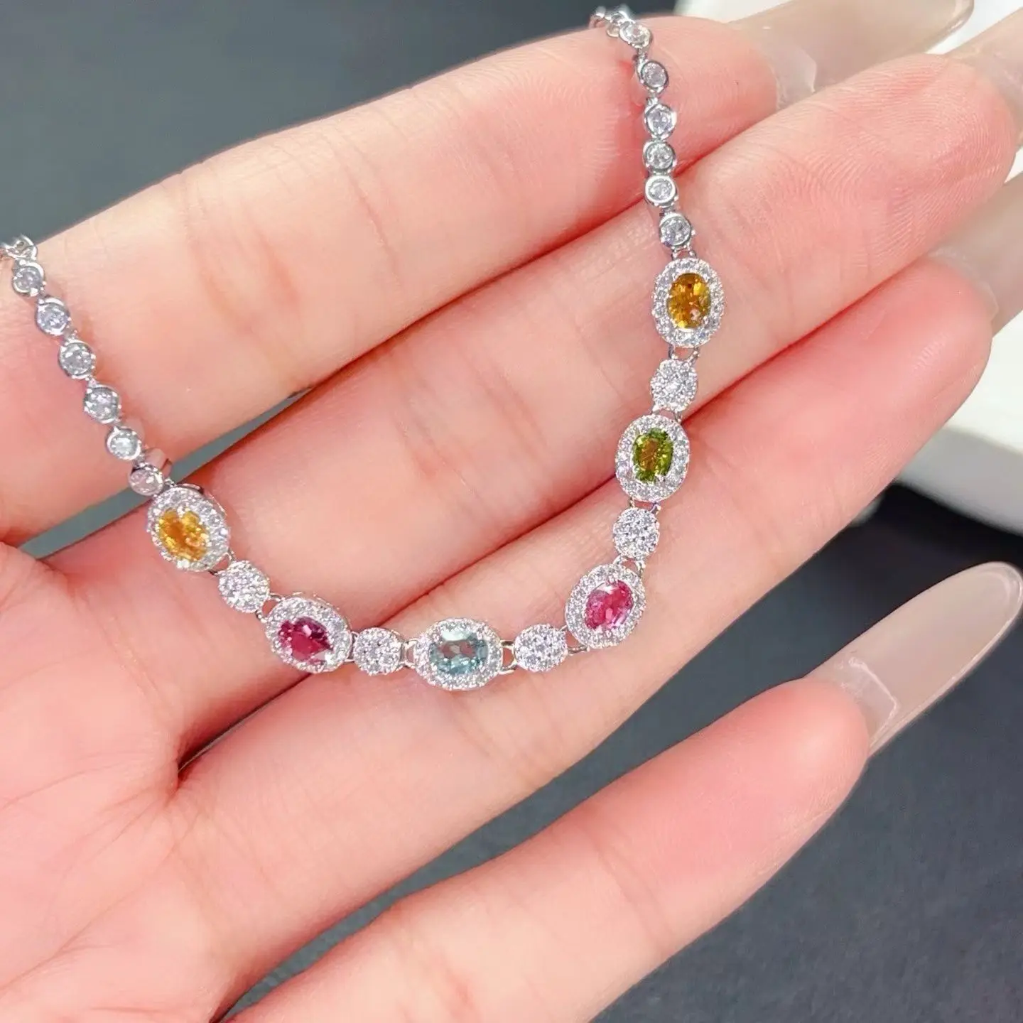 925 Silver Tourmaline Bracelet 4mm*3mm Multi-color Natural Tourmaline Silver Braceket with Certificate Birthday Gift for Women