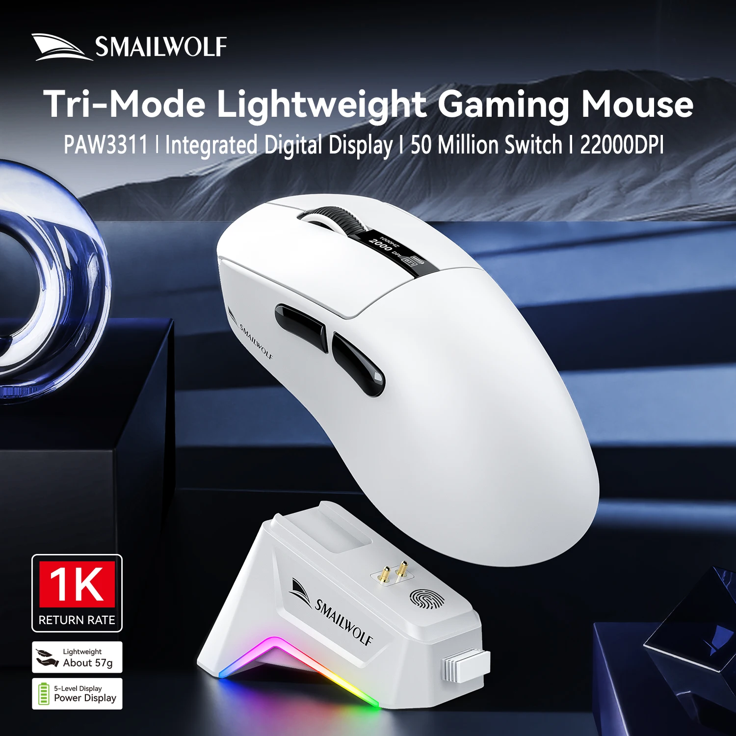 SMAILWOLF Tri-Mode Gaming Mouse PAW3311 Chip Lightweight Bluetooth Mouse with Display Screen Rechargeable Mice for PC Laptop