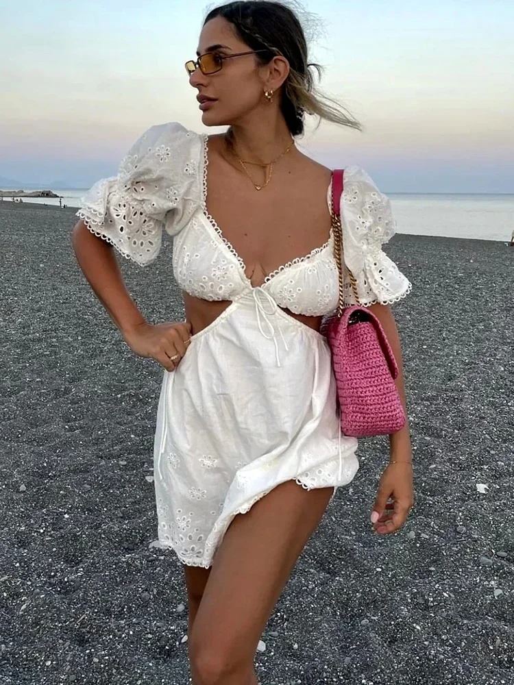 

Gypsylady White Summer Elegant Chic Mini Dress Hollow Out Backless Cotton Sexy Holiday Women Dresses Lace Holiday Vestidos New