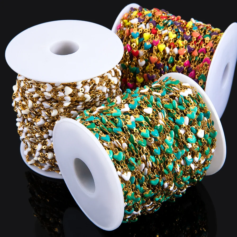 

1meter Stainless Steel Green White Enamel Heart Chains Jewelry Makings DIY Bracelets Chains Bulk for Jewelry Necklaces Accessory