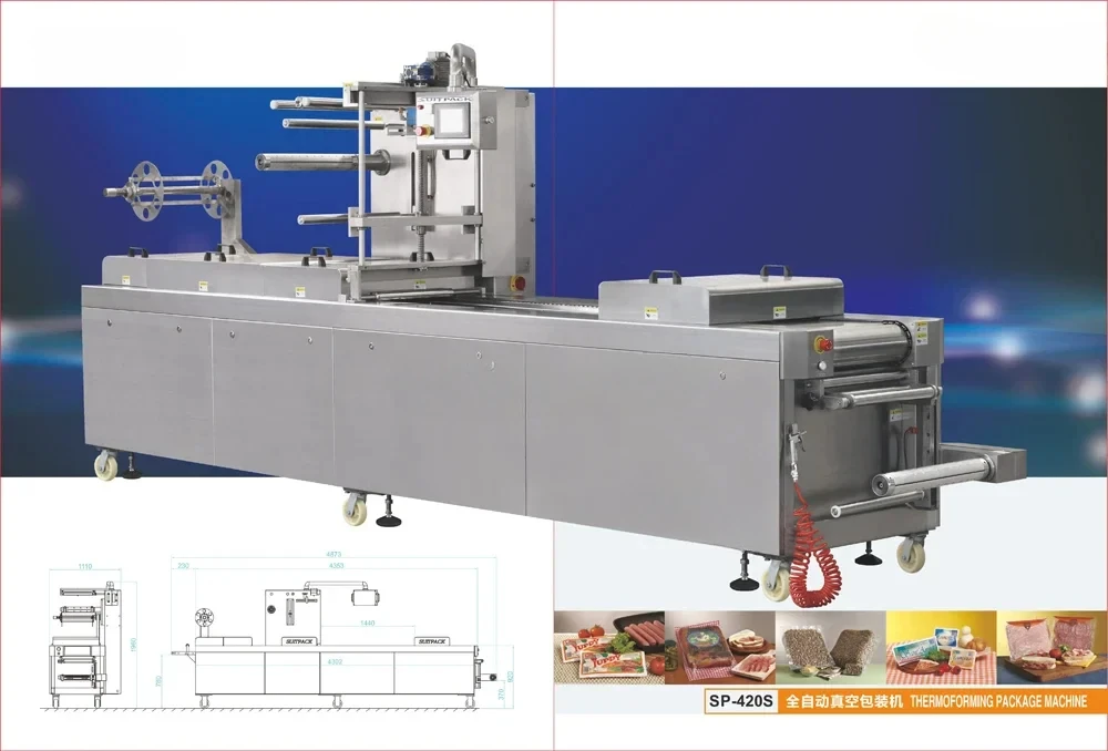 آلة تغليف شرائح لحم الخنزير المقدد المجمدة ، في التشكيل الحراري في عبوة مفرغة مع غشاء مرن