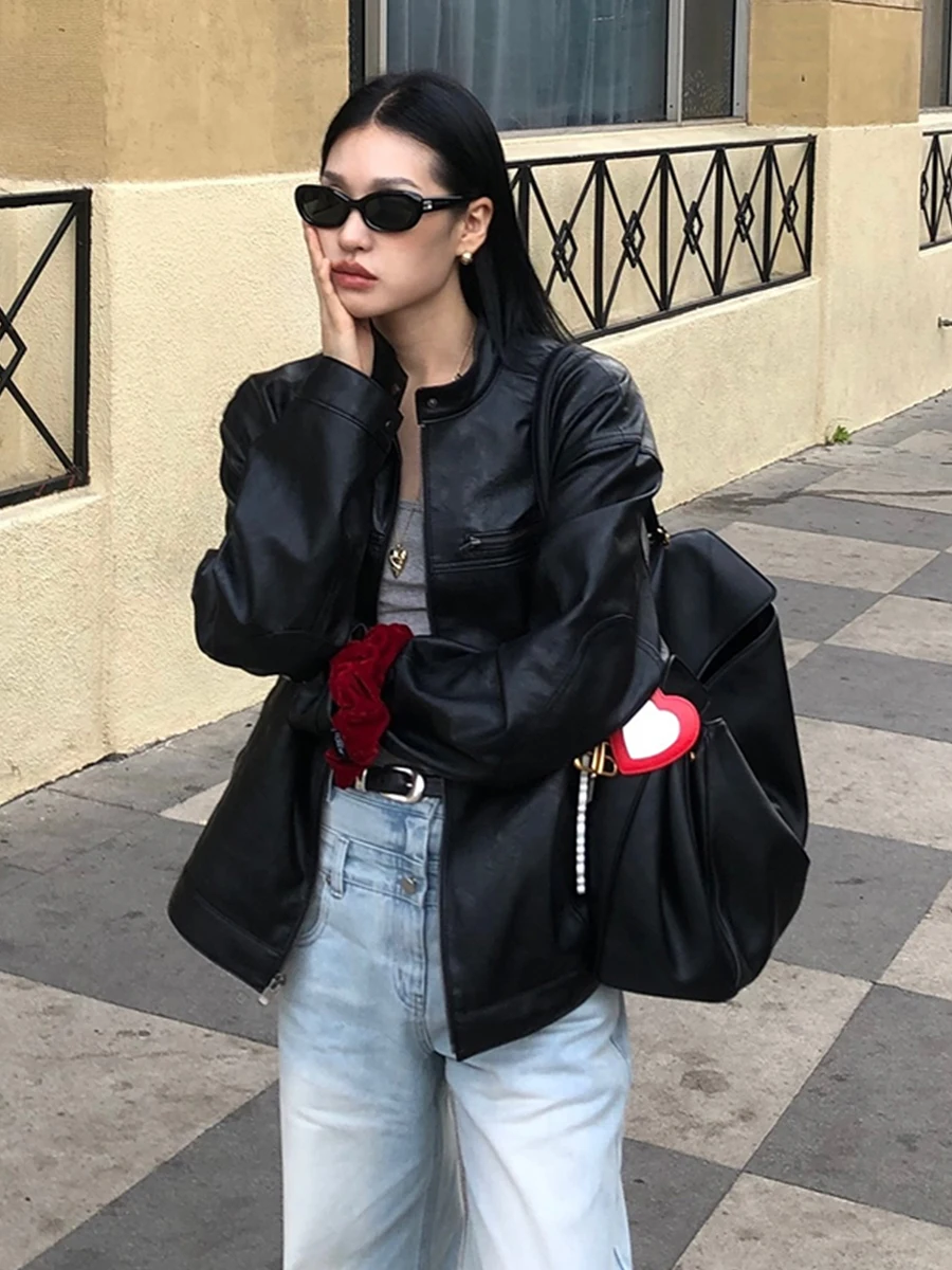 루즈핏 롱 슬리브 스탠드 칼라 가죽 재킷 여성 심플 디자인 동대문 신상 슬레 PU 가죽 코트 여성 아우터
