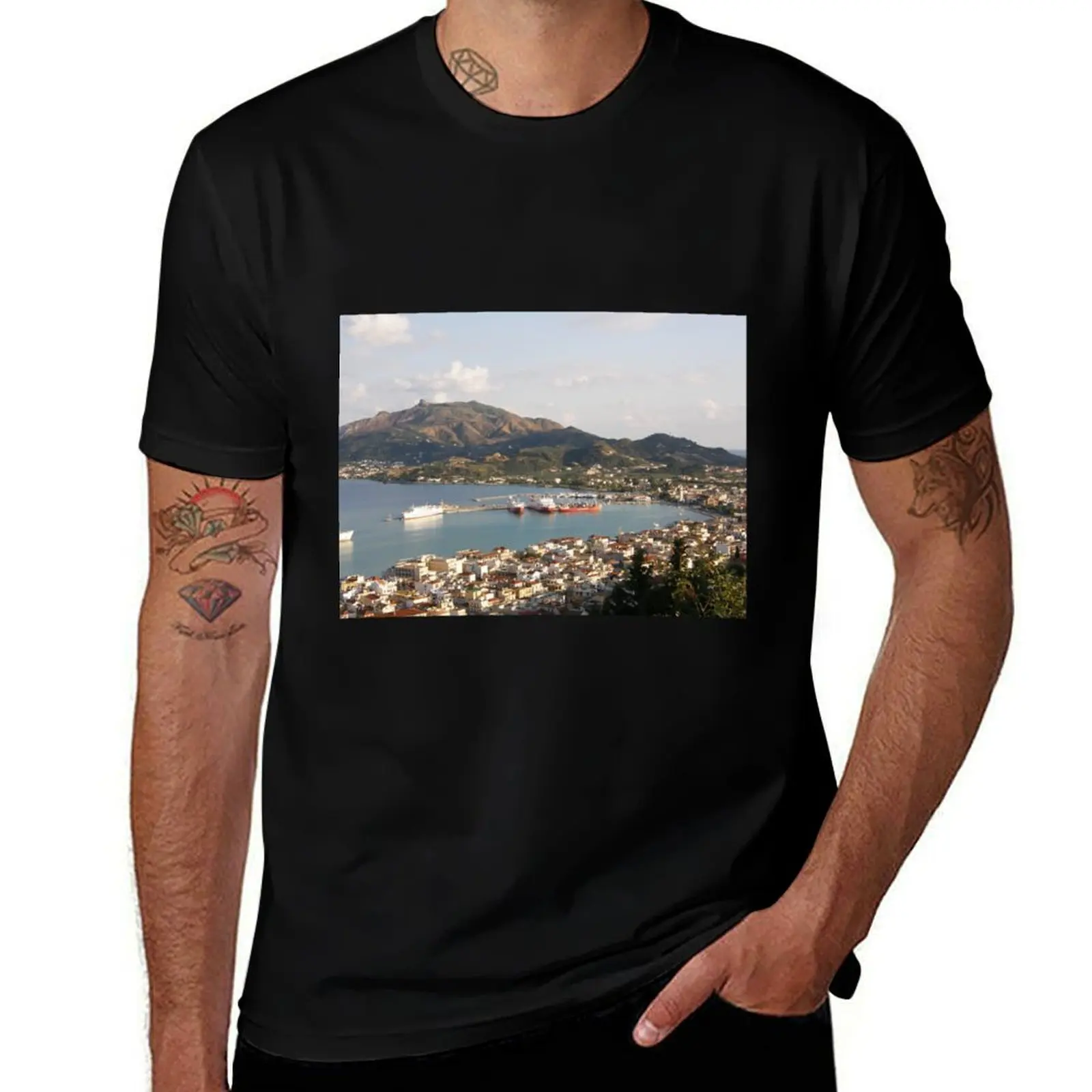

A Town with a view Zante Greece T-Shirt man t shirts cotton black cotton t-shirt plain for man package T-Shirt