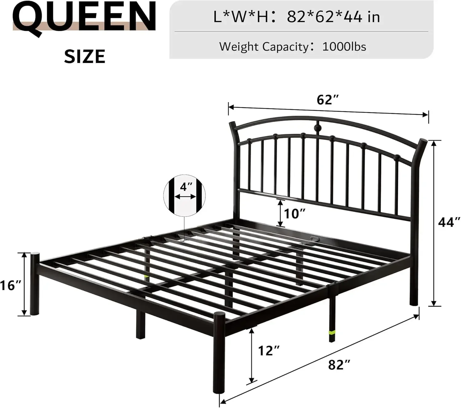 Metal Platform Bed Frame with Modern Iron-Art Headboard, Heavy Duty Steel Slats Support, Under Bed Storage, Queen Size