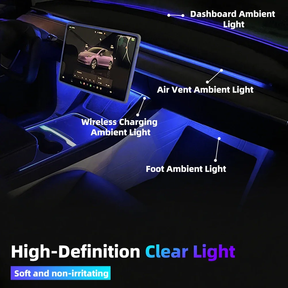 

Car Air Vent Ambient Light with Sensor Switch USB Hub RGB Flow Interior LED Strip Atmosphere Lamp APP Control Lighting for Tesla