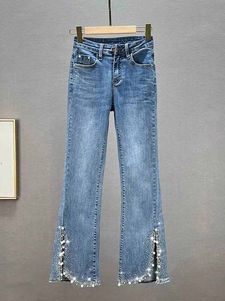 

Узкие женские джинсы с высокой талией, облегающие джинсы, модный дизайн с разрезами, брюки-клеш из смеси хлопка, летние синие