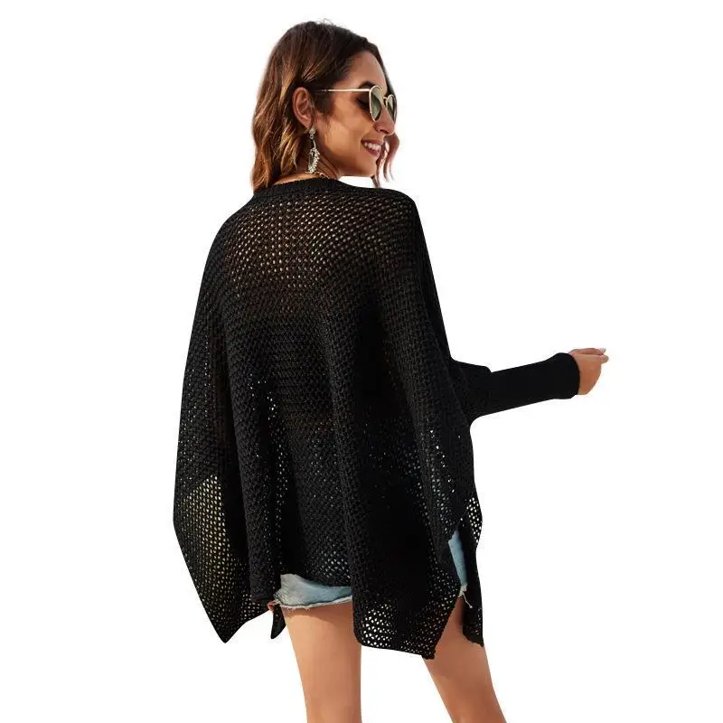 

2023 New Women's Loose Hollow Knitted Sweater round Ne Batwing Sve Overhead Knitted Cover up Thin Long Sve Mid-Length