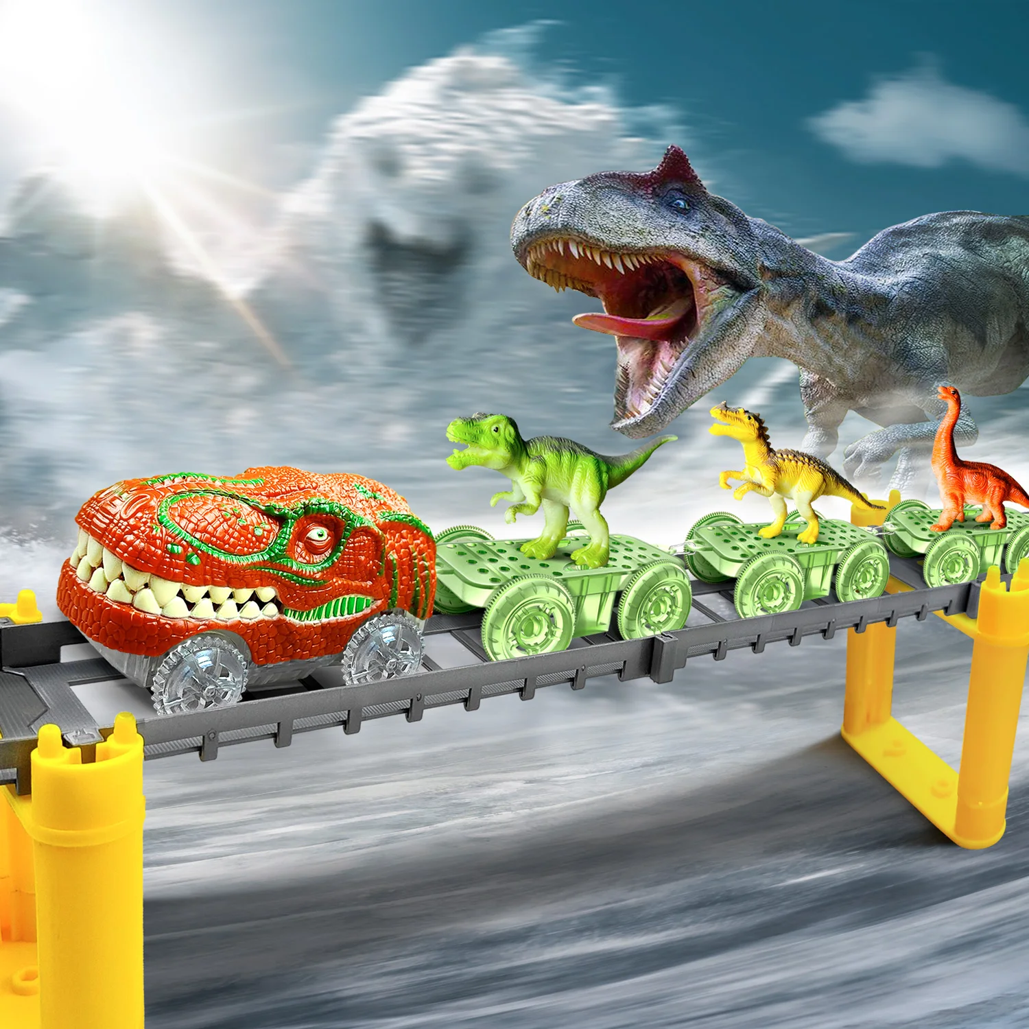 Recorrido de aventura de tren Dinosaur World Track Cars para niño, pista de tren luminosa con luz LED, juego de coches de carreras, regalo para niños